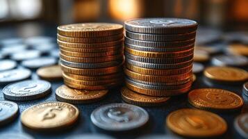 Shimmering stacks of coins rise above scattered currency, illuminated by soft, warm light photo