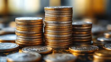 Gleaming coins are carefully stacked, capturing warm light in a serene indoor atmosphere photo