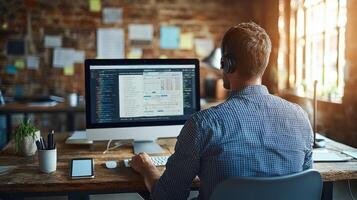 Individual sits at a wooden desk, working intently on programming tasks with a computer screen photo