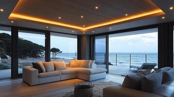 A cozy and inviting living space features a plush sofa and large windows showcasing the ocean photo