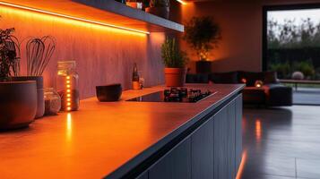 Soft orange lighting enhances the stylish kitchen space, creating a cozy and modern ambiance photo