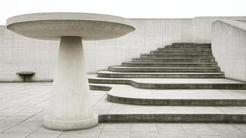 A minimalist concrete area features elegant steps leading to a serene round table photo