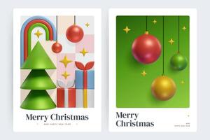 set minimalist Christmas card featuring a 3D Christmas tree, ornaments, and presents vector