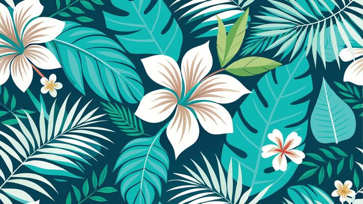 tropical flowers and leaves on a blue background