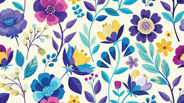 a colorful floral pattern with blue, yellow and purple flowers