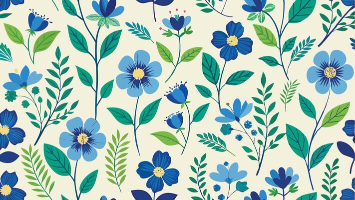 blue flowers and leaves on a white background