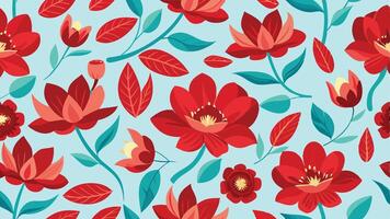 a pattern with red flowers and leaves vector