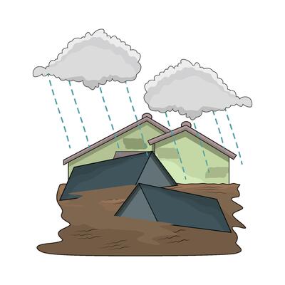 Flooded Suburban Houses Under Cloudy Sky