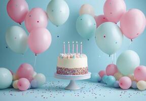 A delicious looking vanilla cake sits on a stand, surrounded by pastel balloons and confetti photo