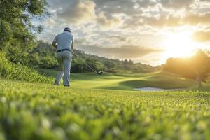 A golfer takes a powerful drive on a lush green fairway photo
