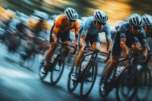 Cyclists lead a peloton in a highspeed road race photo