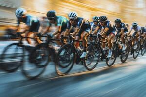 Peloton of Cyclists Racing at High Speed in a City photo