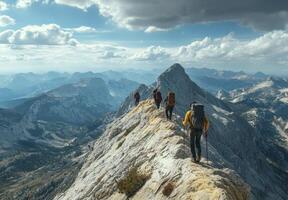 Mountaintop Hikers Trekking Rugged Ridge Teamwork Adventure Summit photo