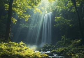 Sunlit Waterfall Cascading in Lush Green Forest Sanctuary photo