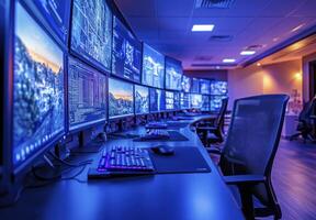 A modern control room showcases numerous large monitors displaying real time data, security feeds, and network activity photo