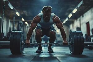 A muscular man performs a barbell deadlift in a dimly lit gym photo