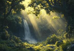 Sunlit Waterfall Cascading Through Lush Green Forest Canopy photo