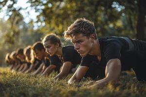 Outdoor Fitness Bootcamp Intense Group Plank Exercise Training photo