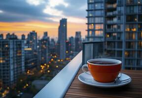An orange mug of steaming coffee sits on a balcony overlooking a vibrant city skyline at sunset. photo
