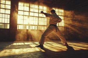 A karateka in a white and black belt executes a powerful stance in a dusty photo