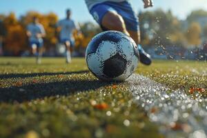 Closeup of a soccer players foot striking the ball on a grassy field. Other players are blurred in the background. photo