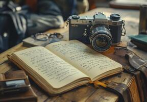 A vintage camera rests on an open journal filled with handwritten notes on a rustic wooden desk photo