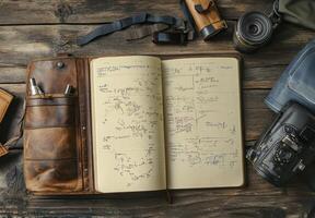 A rustic brown leather journal lies open, filled with hand drawn sketches and notes photo