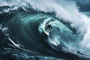 A surfer bravely rides a massive, powerful ocean wave. The dark stormy sea creates a dramatic background photo