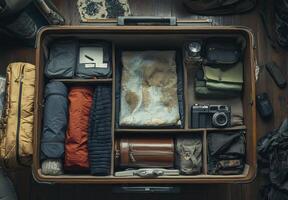 Organized Vintage Suitcase for Adventure Travel Packing Gear photo