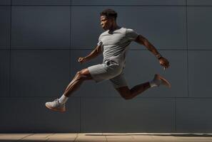 A muscular Black man in grey athletic wear executes a powerful jump against a modern grey building background photo