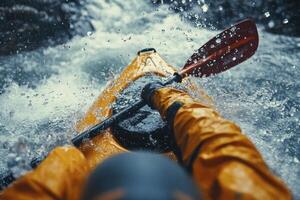 Kayaker Navigating Whitewater Rapids, Intense River Adventure photo