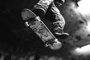 Skateboarding Trick Air Black And White Extreme Sport Action photo