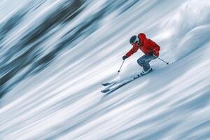 Skier Speeding Down Snowy Mountain Slope Winter Sport Action photo