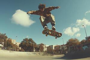 Skateboarding Aerial Urban Air, Style, and Skill Displayed photo