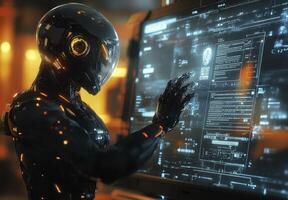 Cyberpunk Robot Interacting with Futuristic Holographic Interface Display photo