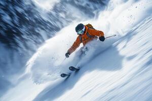 Skier carving powder snow in breathtaking backcountry slopes photo