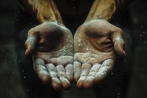 Closeup of a climbers hands covered in white chalk photo