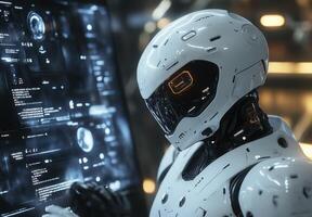 Futuristic Robot Analyzing Data on Advanced Holographic Screen photo