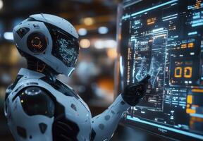 Advanced Robotic AI Interacts with Futuristic Digital Interface photo