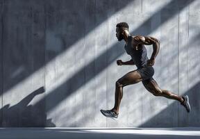 Muscular Black athlete sprints powerfully against a stark concrete wall photo