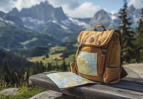 Backpack with a map detail sits on a wooden bench overlooking a stunning mountain vista photo
