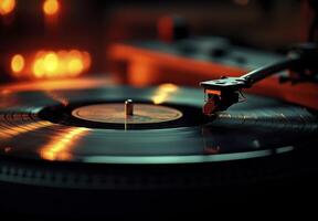 Vintage Turntable Playing Vinyl Record with Warm Lighting photo