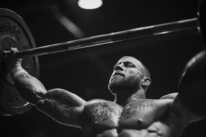 A muscular, bearded man intensely performs an overhead barbell lift. photo