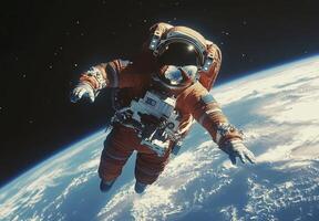 An astronaut in an orange spacesuit performs a spacewalk above Earth photo