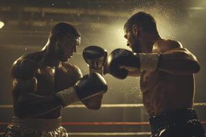 Two muscular boxers engage in a fierce close quarters boxing match within a dimly lit boxing ring. photo