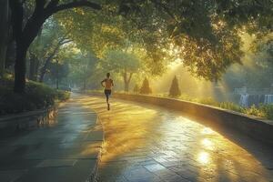 Morning Jogger in Sunlit Park Tranquil Run, Natures Embrace photo