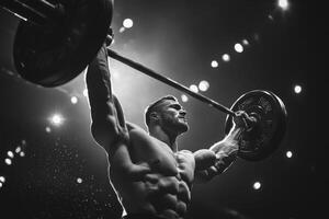 A muscular man powerfully performs an overhead barbell press photo