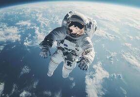 A lone astronaut performs a spacewalk, floating against the breathtaking backdrop of Earths curved horizon photo