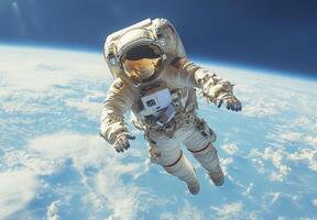 An astronaut performs a spacewalk, floating in Earths orbit photo