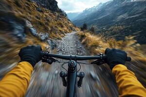 Mountain Biking Adventure Steep Descent, Rocky Trail, First person View photo